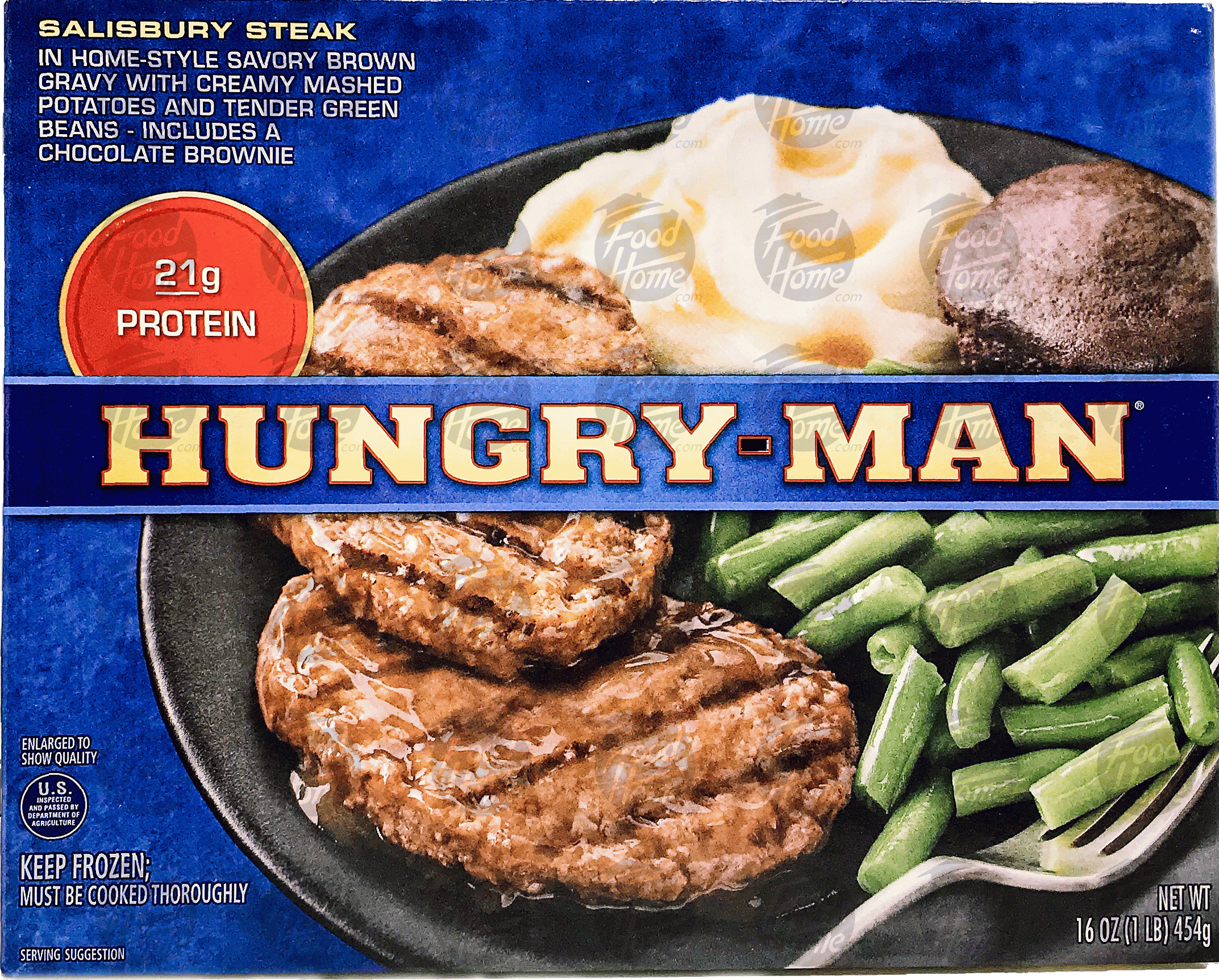 Hungry-Man  salisbury steak with creamy mashed potatoes and tender green beans, includes a chocolate brownie Full-Size Picture